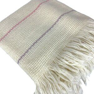 Vintage Faribo Lightweight Acrylic Blend Throw Blanket Cream Muted Stripe Fringe